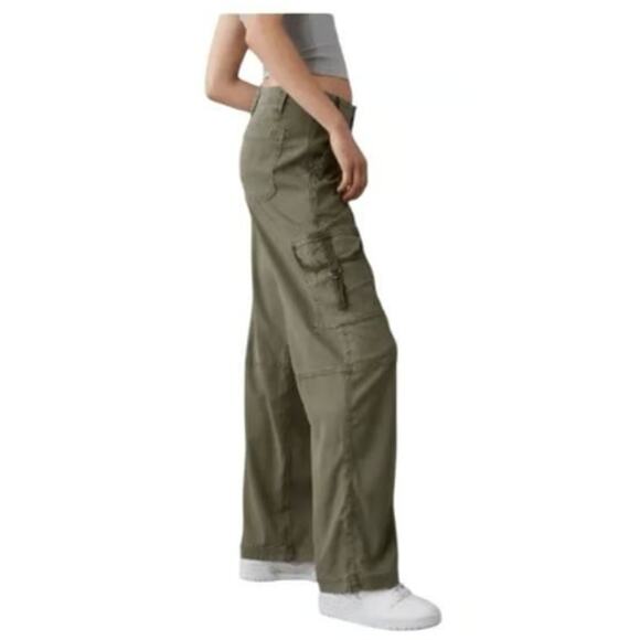 American‎ Eagle Stretch Super High-Rise Baggy Wide Leg Pants Olive Green Size 4 - Picture 3 of 12